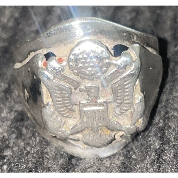 Antiqued Sterling Silver World War II 2 United States Square Army Ring size 9.75